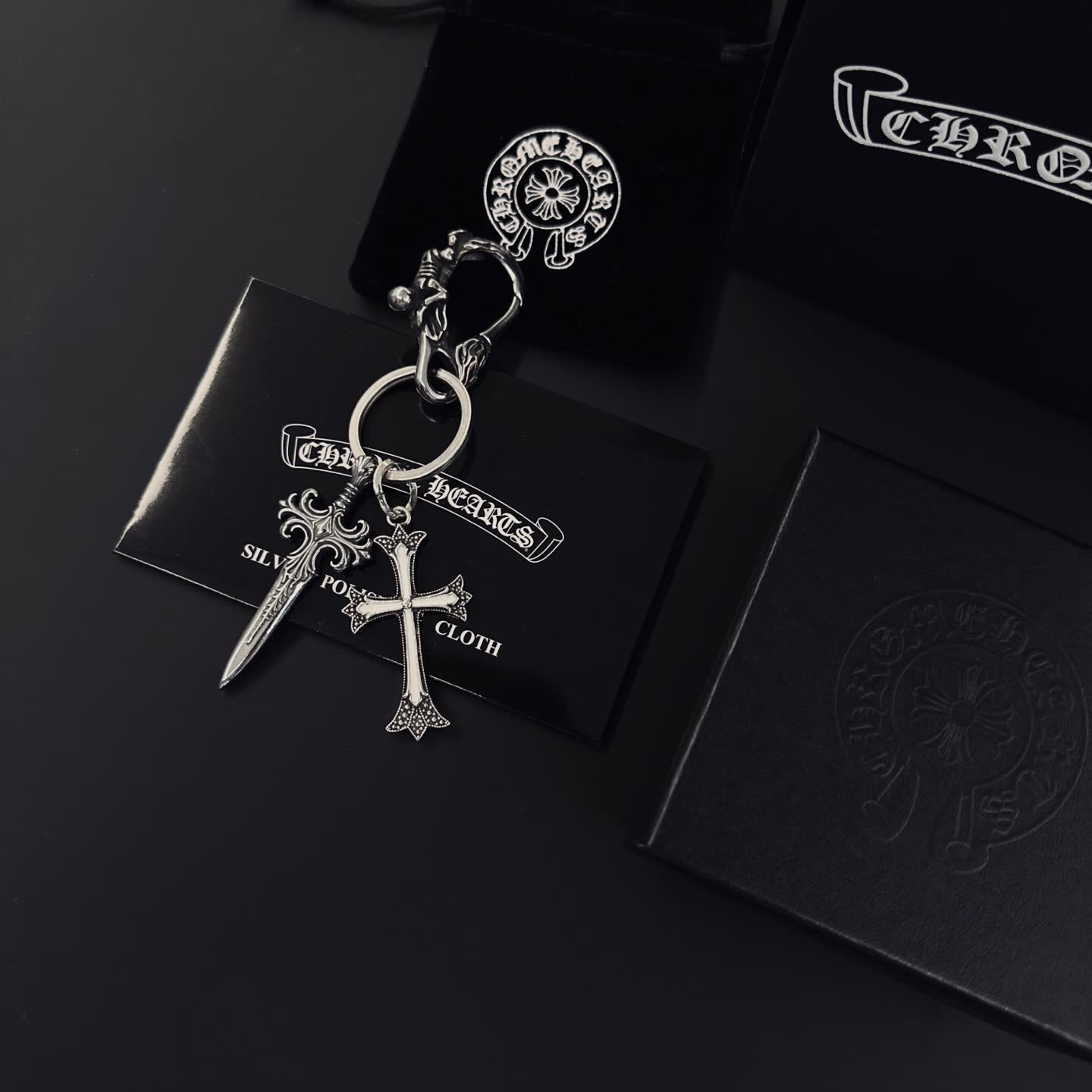 Chrome Hearts Silver Keychain with Sword and Cross Charms
